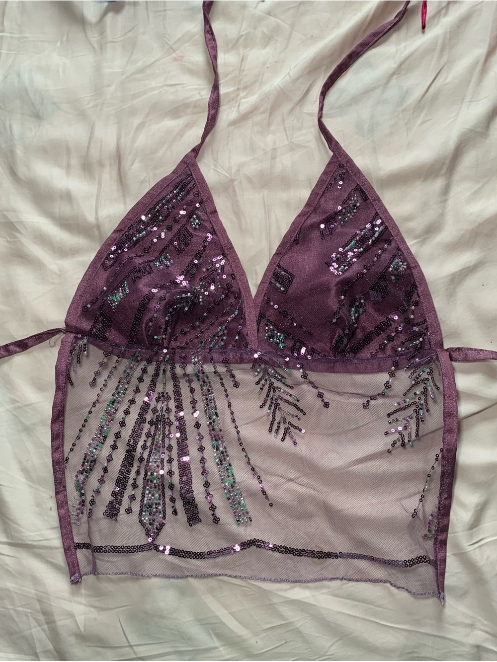 Y2K Sheer Sequin Mesh Bralette Top - Purple